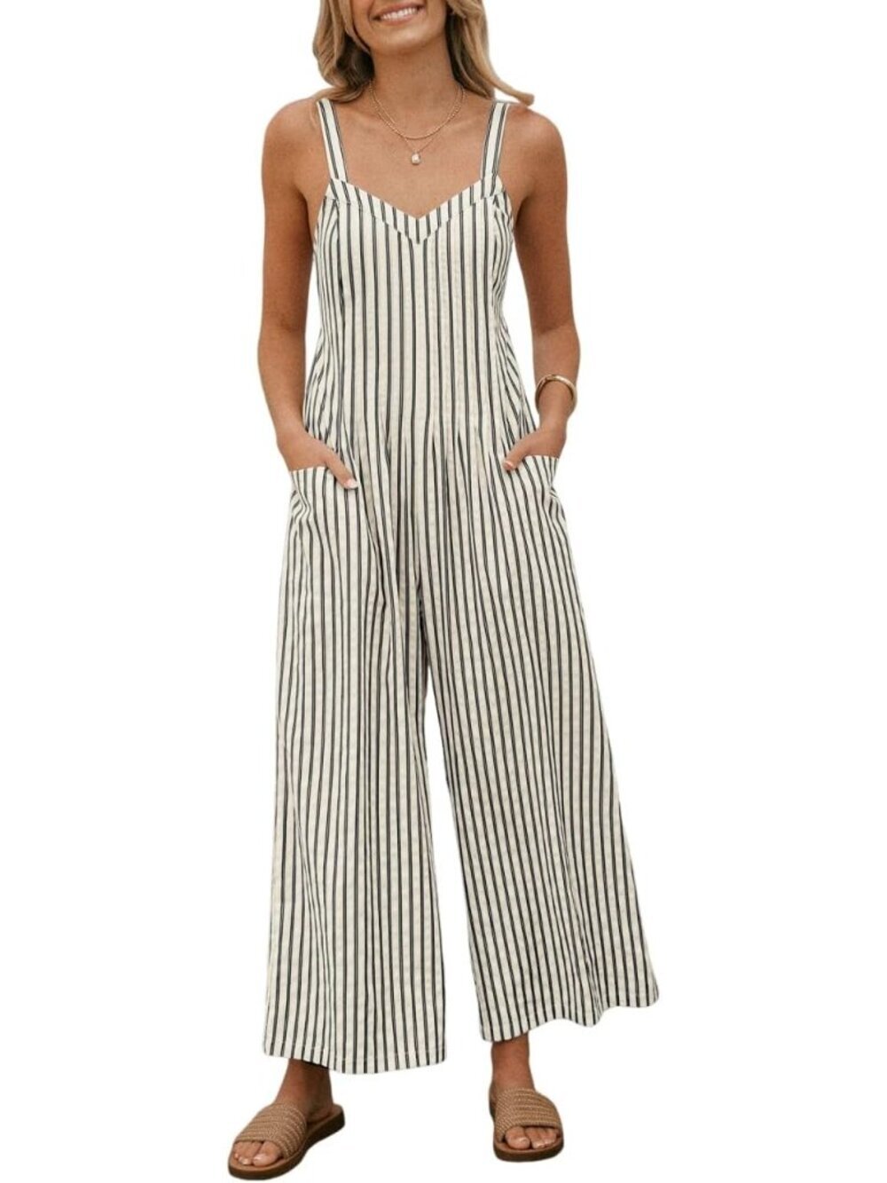 Women Striped Sleeveless Black Strip Smocked Back Wide Leg Summer Overall Romper
